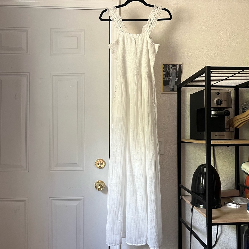 BAROK white smocked bodice metallic striped silver sleeveless‎ sequin maxi dress